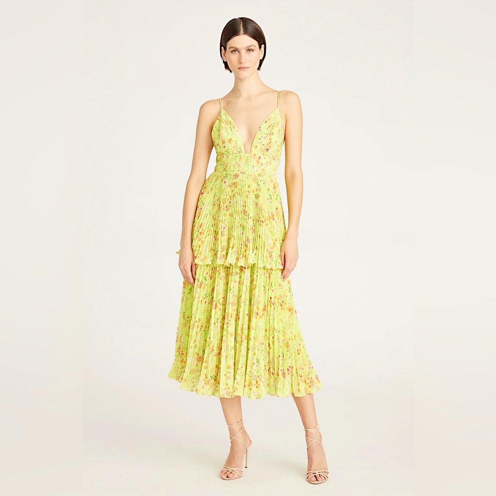NWT AMUR Nico Floral Tiered Midi Dress in Limeade Garden Sz 8 Spring Summer Date